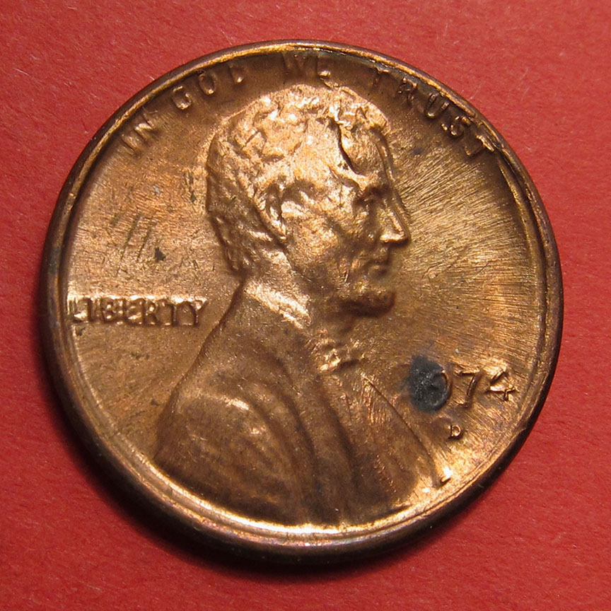 1974-D-Lincoln-Memorial-Cent-Mint-Error---Struck-Through-Die-Cap-4-Coin-Progression
