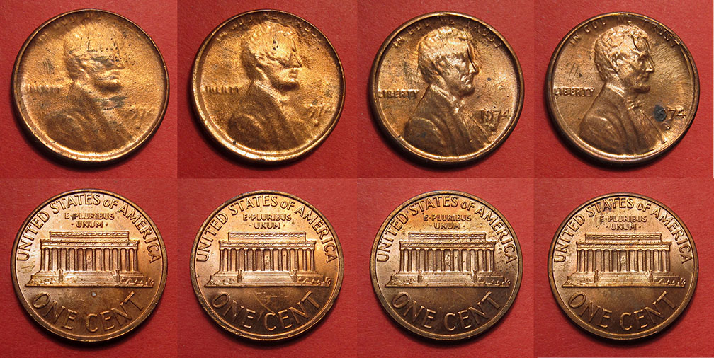 1974-D-Lincoln-Memorial-Cent-Mint-Error---Struck-Through-Die-Cap-4-Coin-Progression