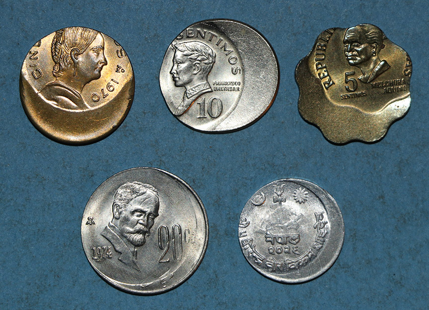 Mexico,-Nepal-And-Philippines-Mint-Errors---4-Off-Center-1-Doubled-Struck