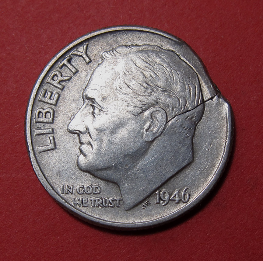 1946-Roosevelt-Dime-Doubled-Die-Mint-Error---DDO-010,-Ragged-Clip,-Cracked-Planchet