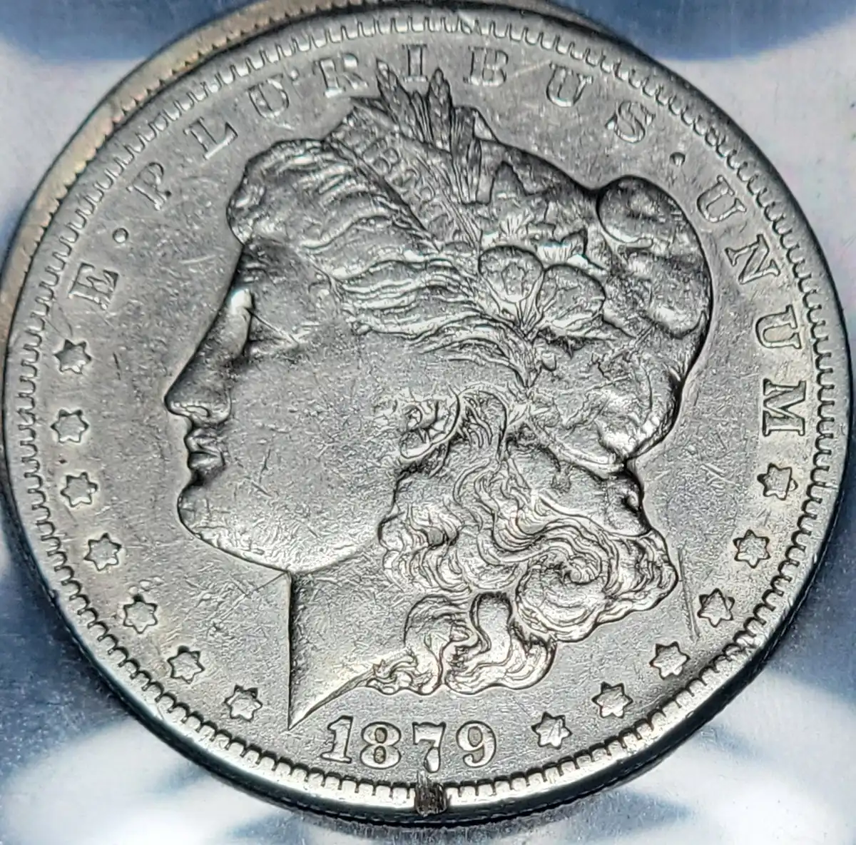 1879-CC-Morgan-Dollar-Planchet-Flaw,-Lamination-Error?