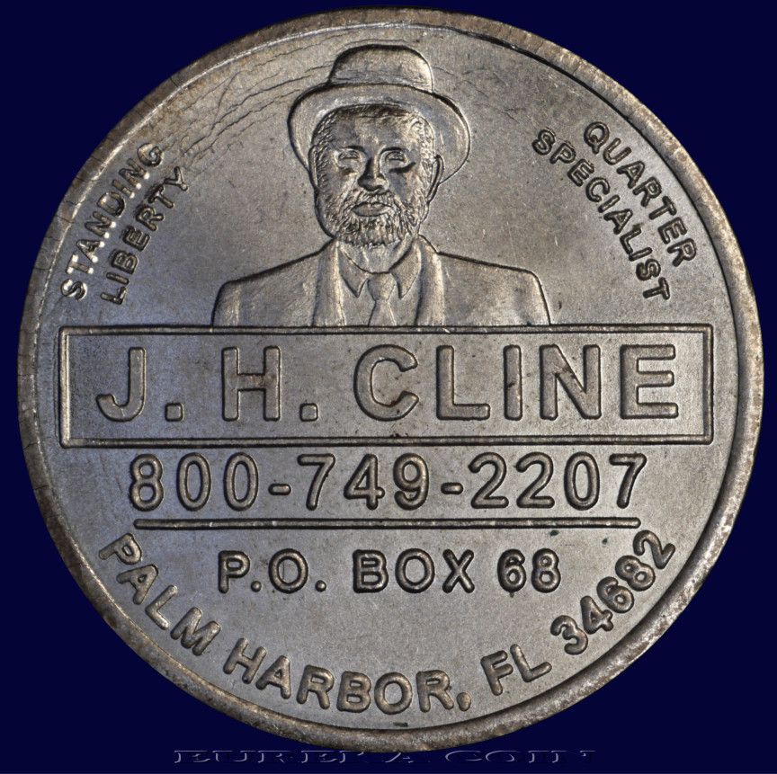 J-H-Cline-Advertising-Coin---Token.-1916-Standing-Lib.-25c-Replica-Obv.