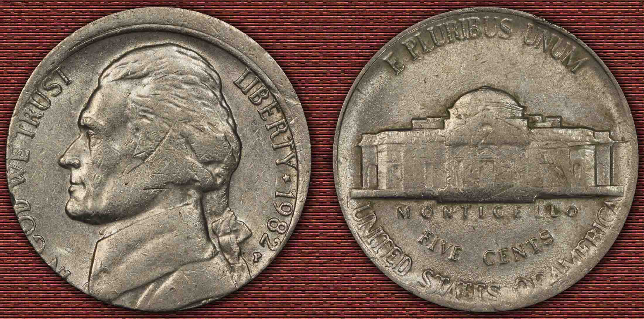 1982-P-Jefferson-Nickel-Misaligned-Die-Strike---Obverse-4%-Out