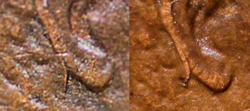 Two-1991-Lincoln-Memorial-Cents,-One-Philly,-One-Denver-With-The-Same-Unique-Die-Chips