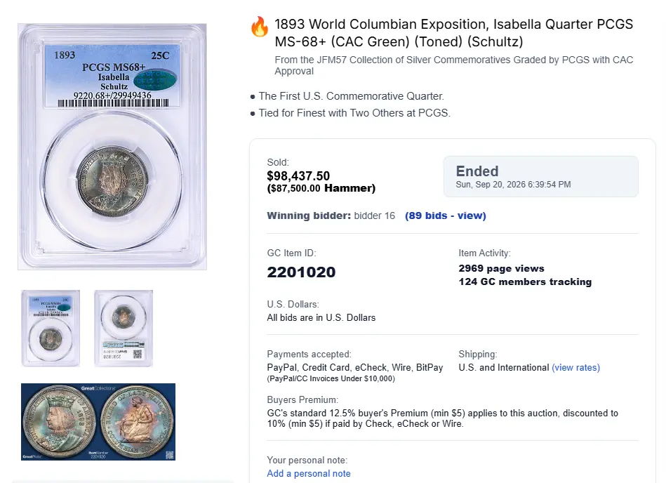 1893-World-Columbian-Exposition,-Isabella-Quarter-PCGS-MS-68+-Cac-Green-Toned-Schultz-On-Gc.