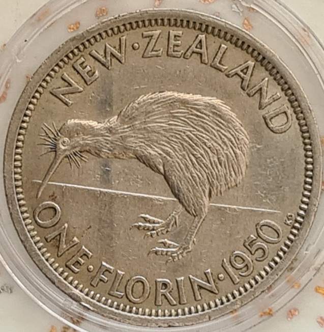 1951-New-Zealand--One-Florin-Die-Clash-Obverse-Near-Kings-Sideburn/Ear