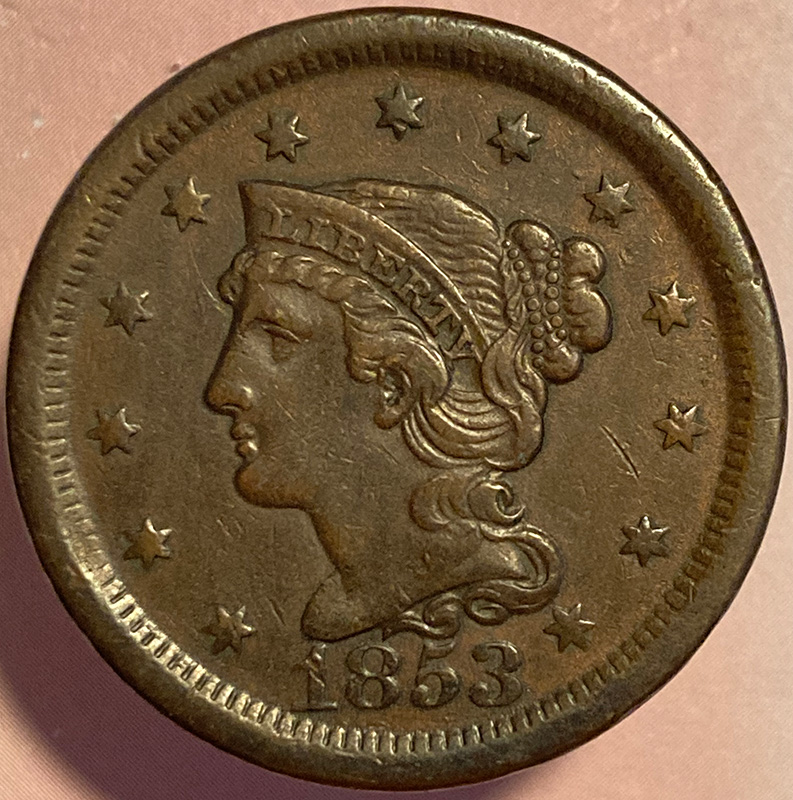 1853-Braided-Hair-Cent-For-Eval-And-Grade