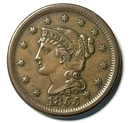 1855---Slant-5---Braided-Hair-Cent-For-Evaluation-And-Grade