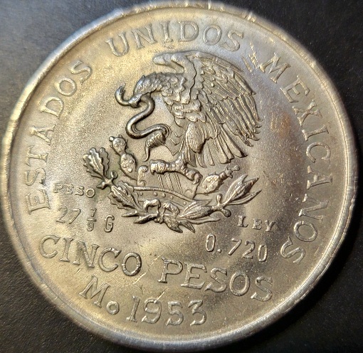 1953-Cinco-Pesos--Silver-Coin--Hodalgo