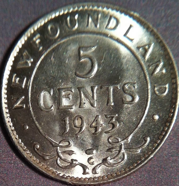 1943--Newfoundland-5-Cent-,-Grade?