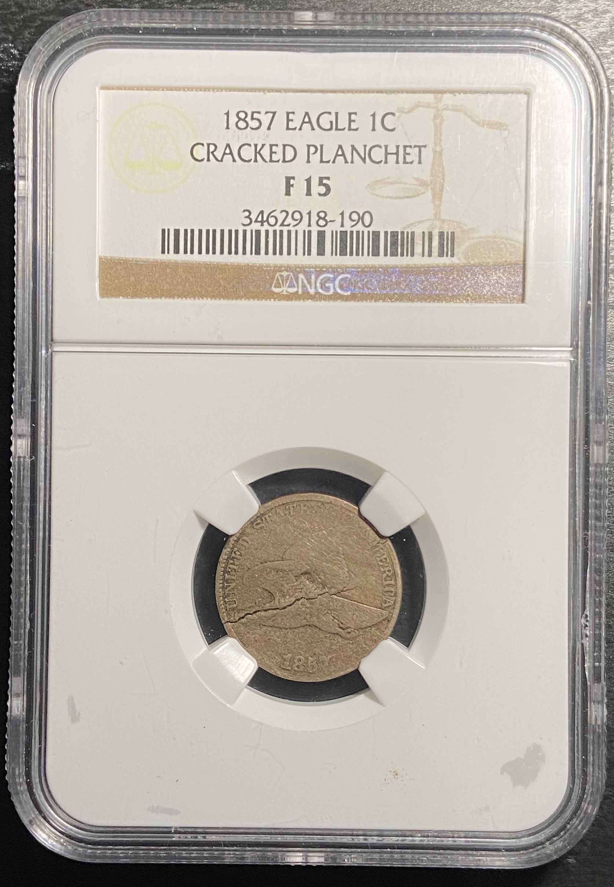 1857-Flying-Eagle-Cent--~85%-Cracked-Planchet-NGC-F15