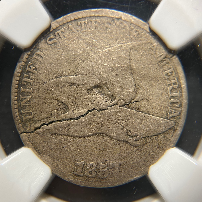 1857-Flying-Eagle-Cent--~85%-Cracked-Planchet-NGC-F15