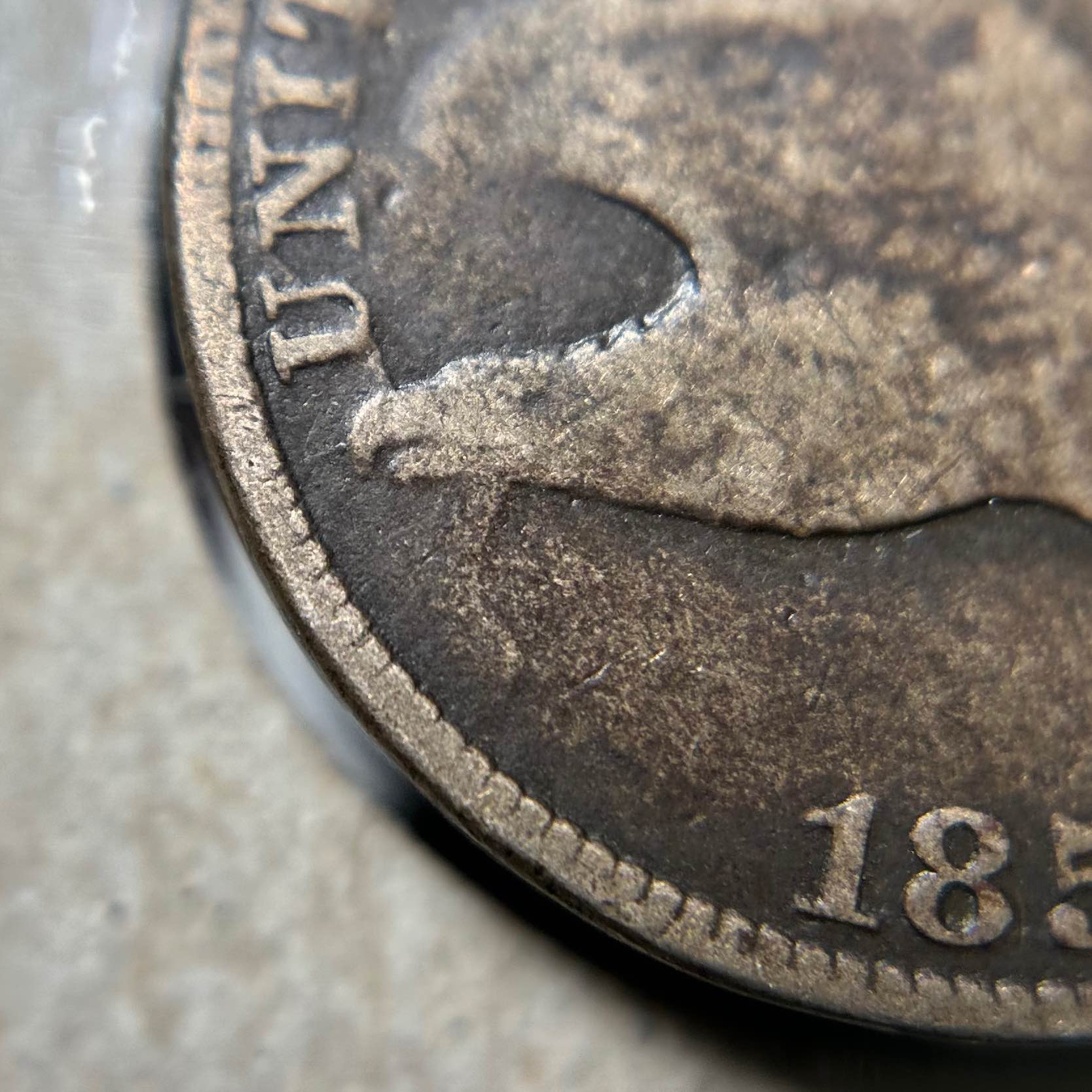 1857-Flying-Eagle-Cent--Obverse-Die-Clash-With-$20,-Snow-7,-FS-403