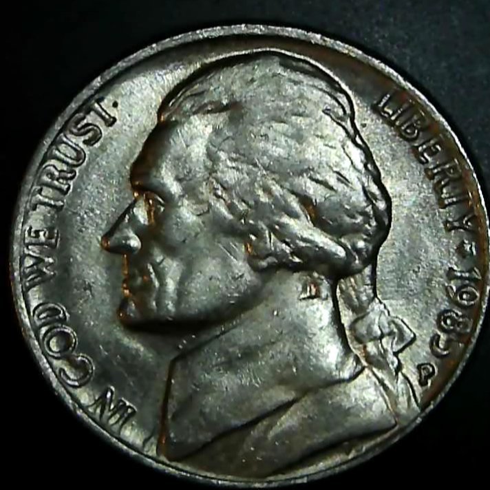 1985-P-Jefferson-Nickel-/-Die-Clashing-On-Obverse-And-Reverse