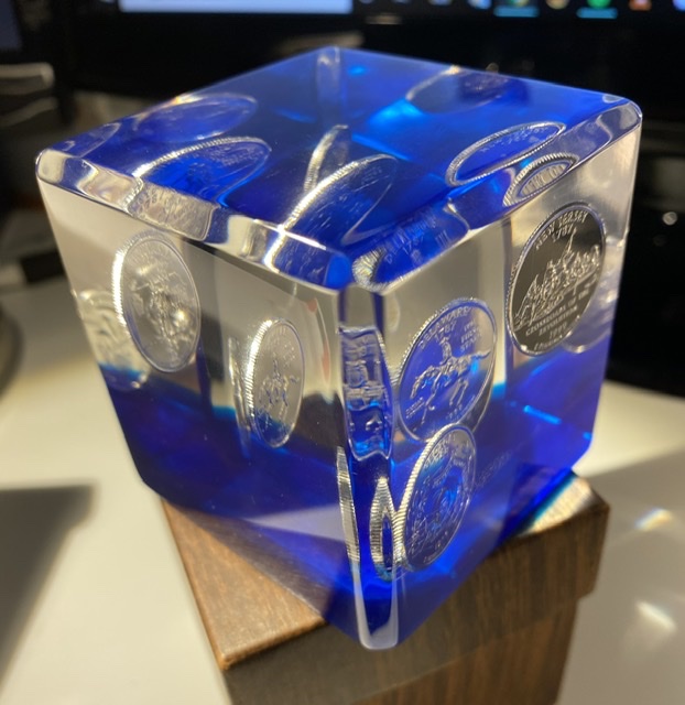 1999-Silver-Quarters-Encased-In-Lucite-Paperweight-Thrift-Store-Find
