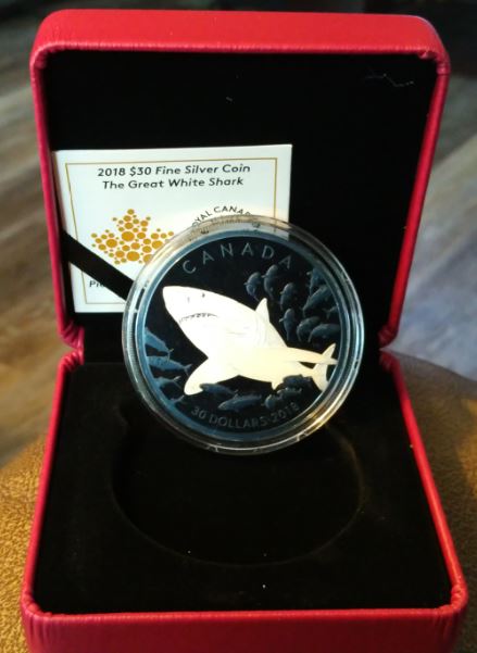 RCM-New-Release:-2018-2-Oz.-Pure-Silver-Coin-With-Selective-Blue-Rhodium-Plating---Great-White-Shark