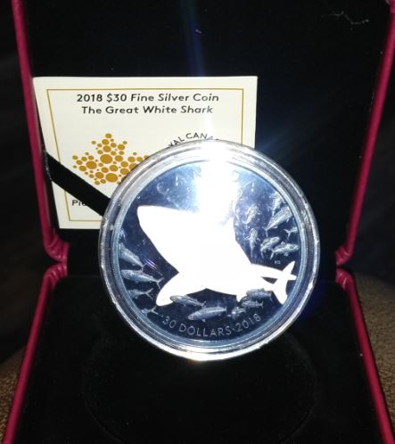 RCM-New-Release:-2018-2-Oz.-Pure-Silver-Coin-With-Selective-Blue-Rhodium-Plating---Great-White-Shark