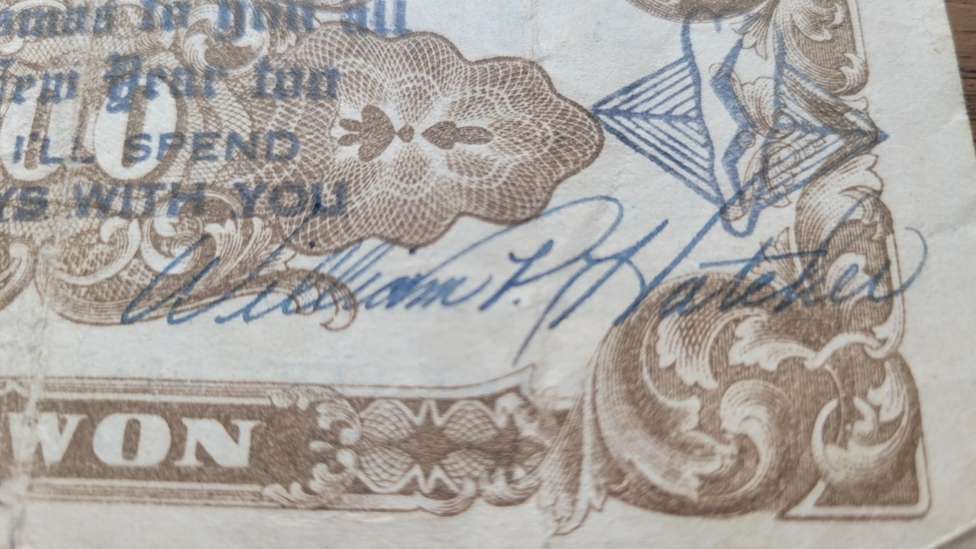 South-Korea-1950-53-100-Won-Note-With-Christmas-Msg-Fm-William-P.-Hatcher