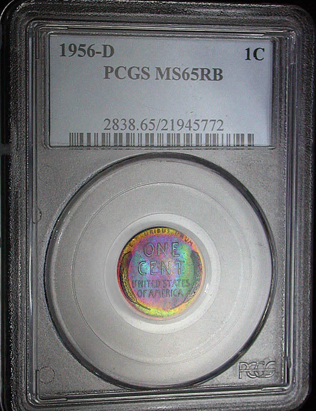 1956-D-Lincoln-Cent-PCGS-R/B-Ms-65-Monster-Reverse-Toner