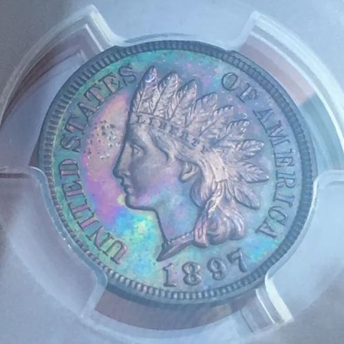 1897-Indian-Cent-Proof-PCGS-R/B-PF-63-Very-Colorful