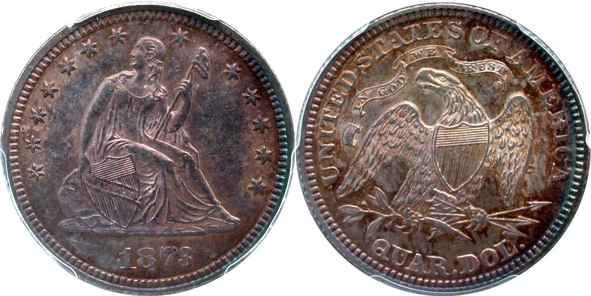 1891-PCGS-62-CAC-Seated-Liberty-Quarter--&-1873-AU-55-PCGS-No-Arrows-Open-3