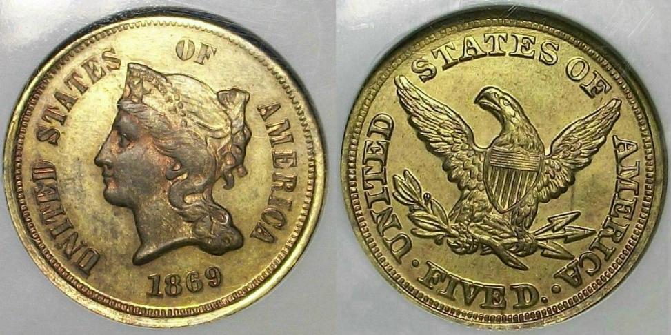 Garrette-Auction-US-1868-$5-Brass-Pattern-Coin-New-Collector