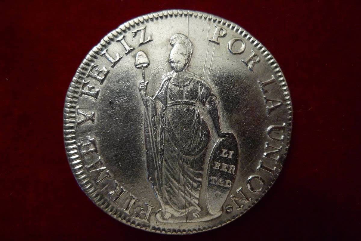 Spain-Philippines-8-Reales-F7-O-C/M-On-Peru-8-Reales-1833