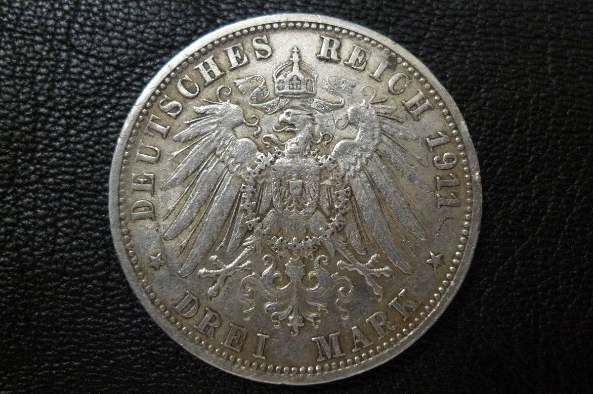 1911-F-German-States-Wurttemberg--3-Mark-KM#-635