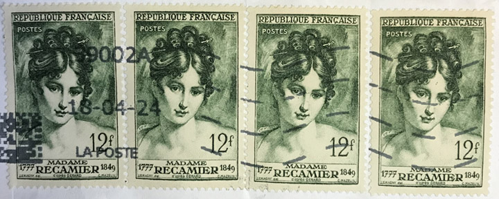 Free-Stamps:-4-France-Madame-Recamier-1950-12-F-Cancelled