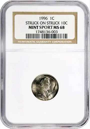 1996-Lincoln-Memorial-Cent-Struck-On-Already-Struck-Roosevelt-Dime-NGC-MS-68