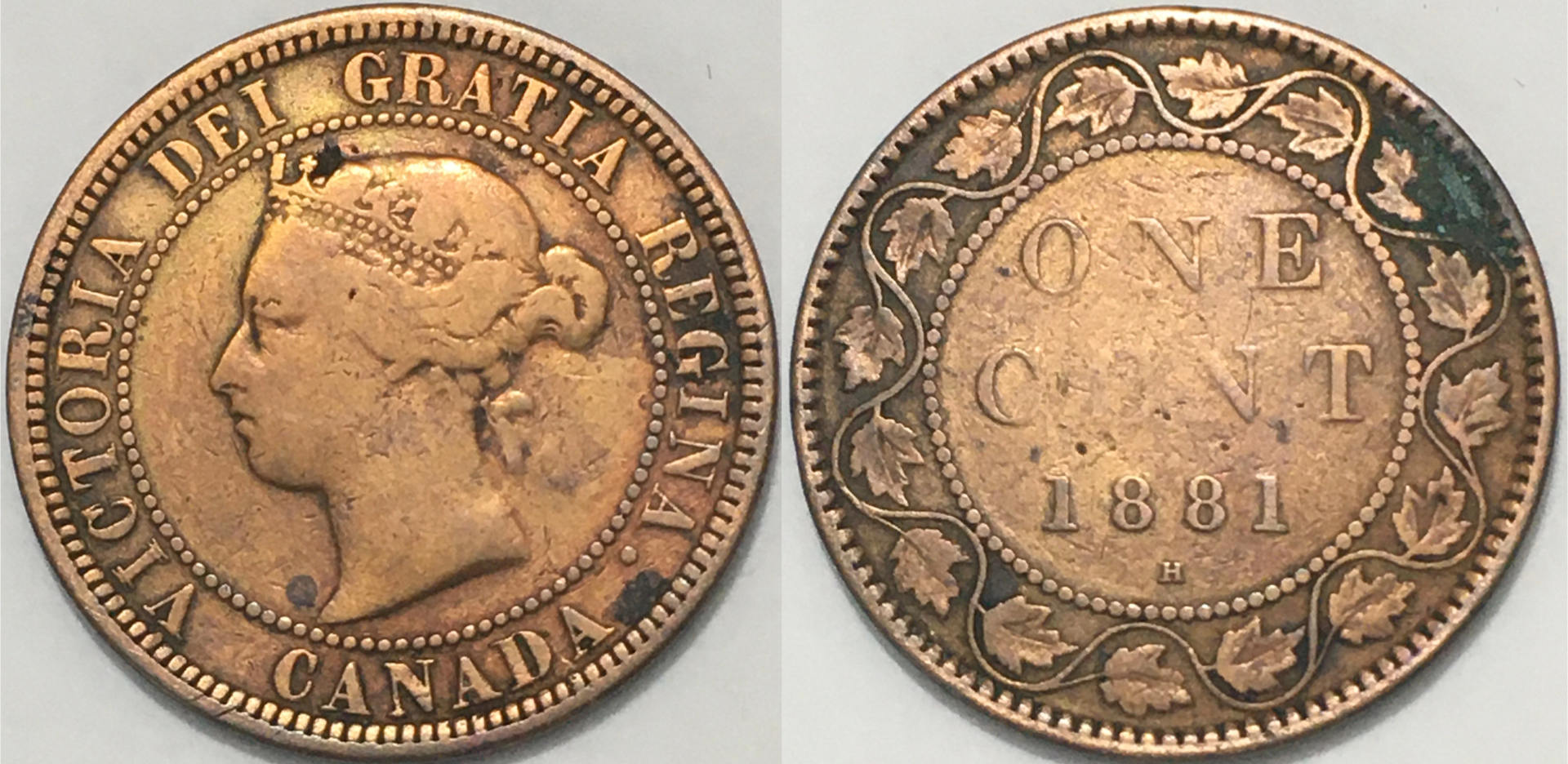 1881-H-Vicky-Cent,-Double/Triple-Re-Punched-Letters-On-Obverse
