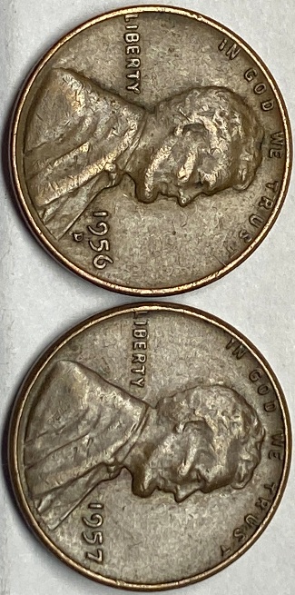 1956-&-1957-Pennies-With-Identical-Die-Chips-On-Reverse.