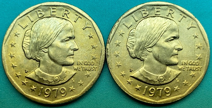 2-1979-P-SBA-Dollar-Coins-With-Reverse-Die-Crack-Through-