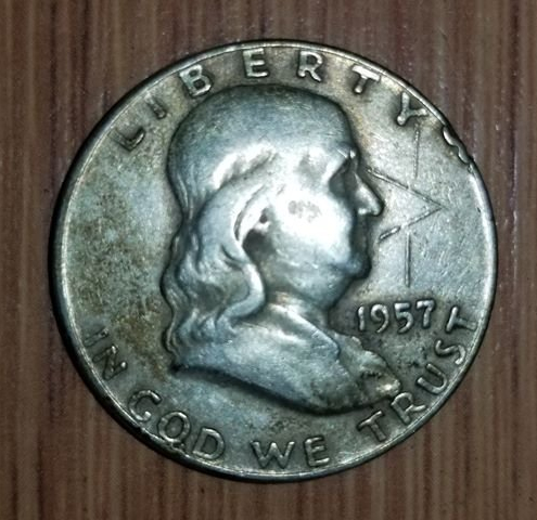 1957-D-Franklin-Half-Dollar,-Masonic-Symbol-On-Obverse-Side?