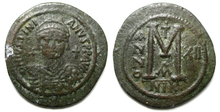 45-MM,-17.83-G-Justinian-Follis-A-/-N-/-N-/-O-And-XII,-538-539-Ad-Nicomedia