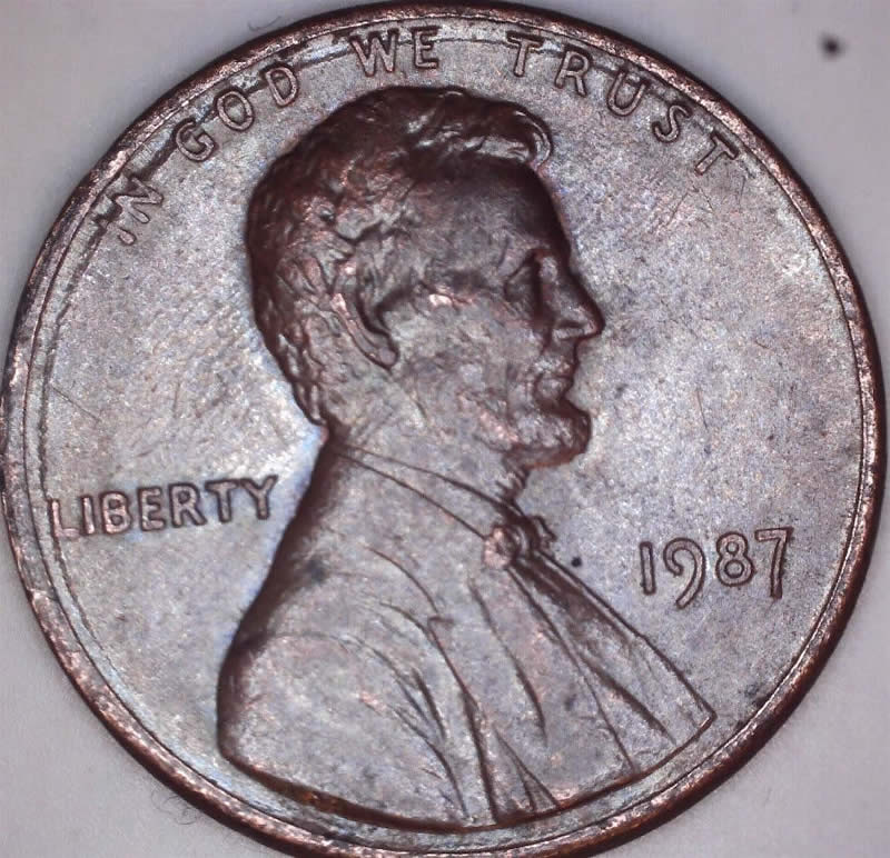 1987-Penny-Coin-Error--Bad-Strike--Silver-Tint