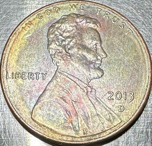 2013-D-Lincoln-Shield-Cent-Nice-Toning-And-Black-Spots-On-Reverse?