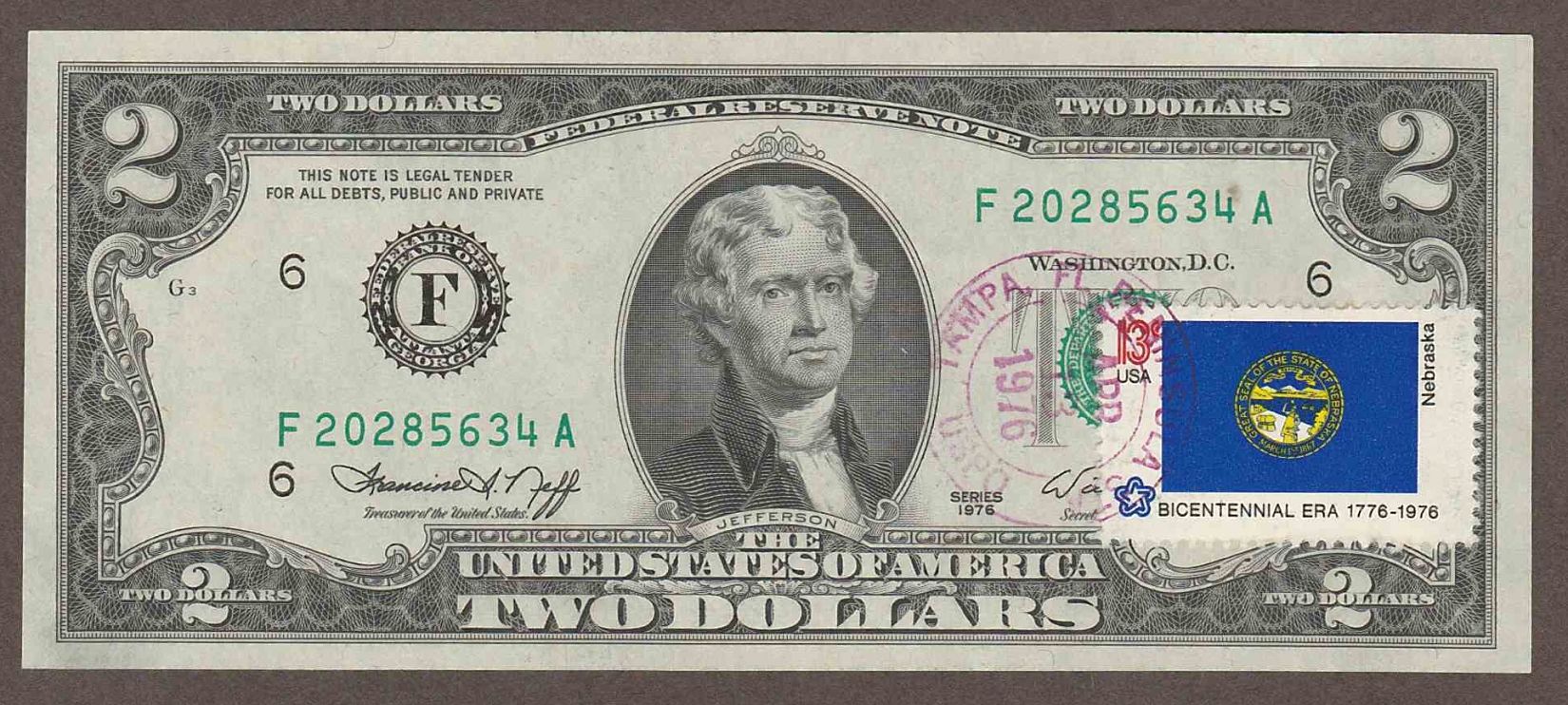 First-Day-Issue-$2-Dollar-Bills-W/-Stamps