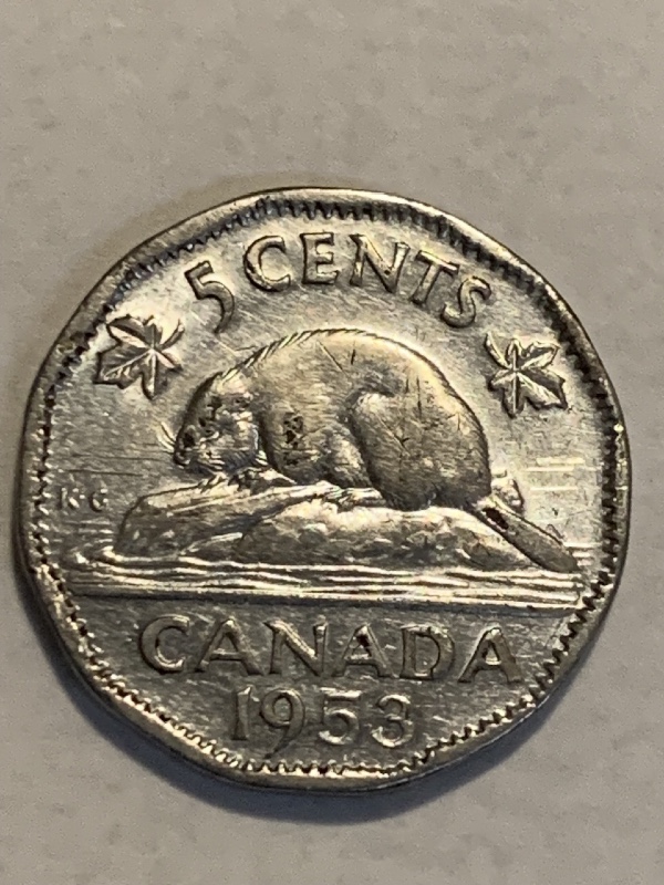 1953-Canadian-5-Cent-SF-Near-With-Trail-Die