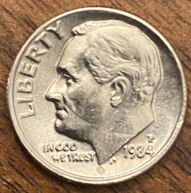 1984-Roosevelt-Dime--Neck,-Doubling-Very-Odd-Shape-Deep-Look-Rum-Seperated