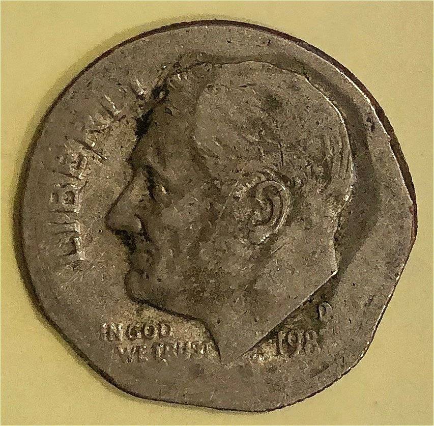 1987-D-Roosevelt-10c-Planchet-Damage-?
