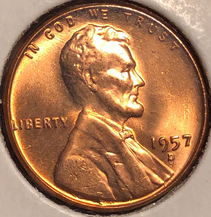 1957-D-Lincoln-Cent-With-Large-Chunk-Under-MM-And-Die-Scratches-On-Neck