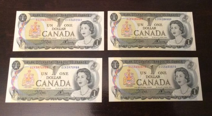 4-Un-Circulated-1973-$1-Canadian-Bills-Mr.-Bouey-Signature