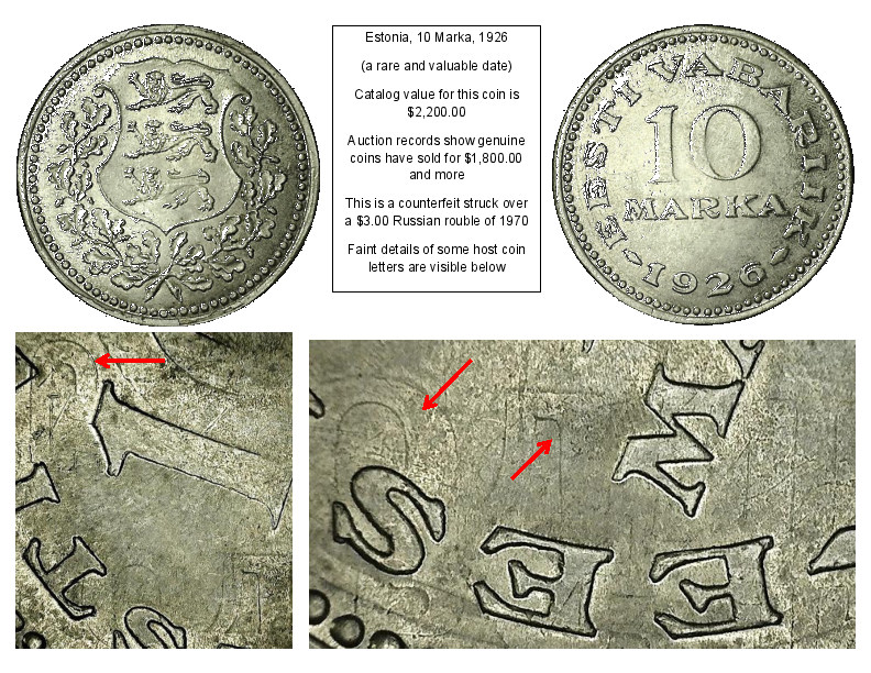 Counterfeit-Detection:-1926-Estonia-10-Marka-Struck-Over-1970-Russia-Rouble