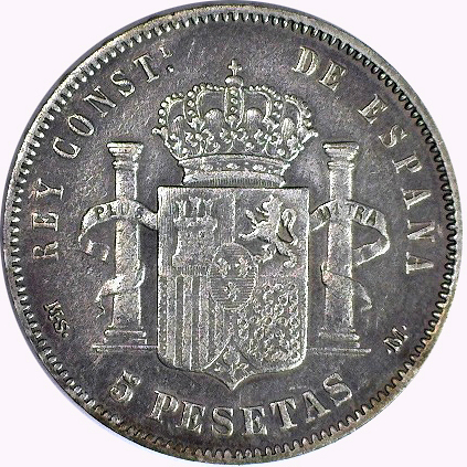 Counterfeit-Detection:-1874-5-Pesetas-In-Silver-And-Bronze