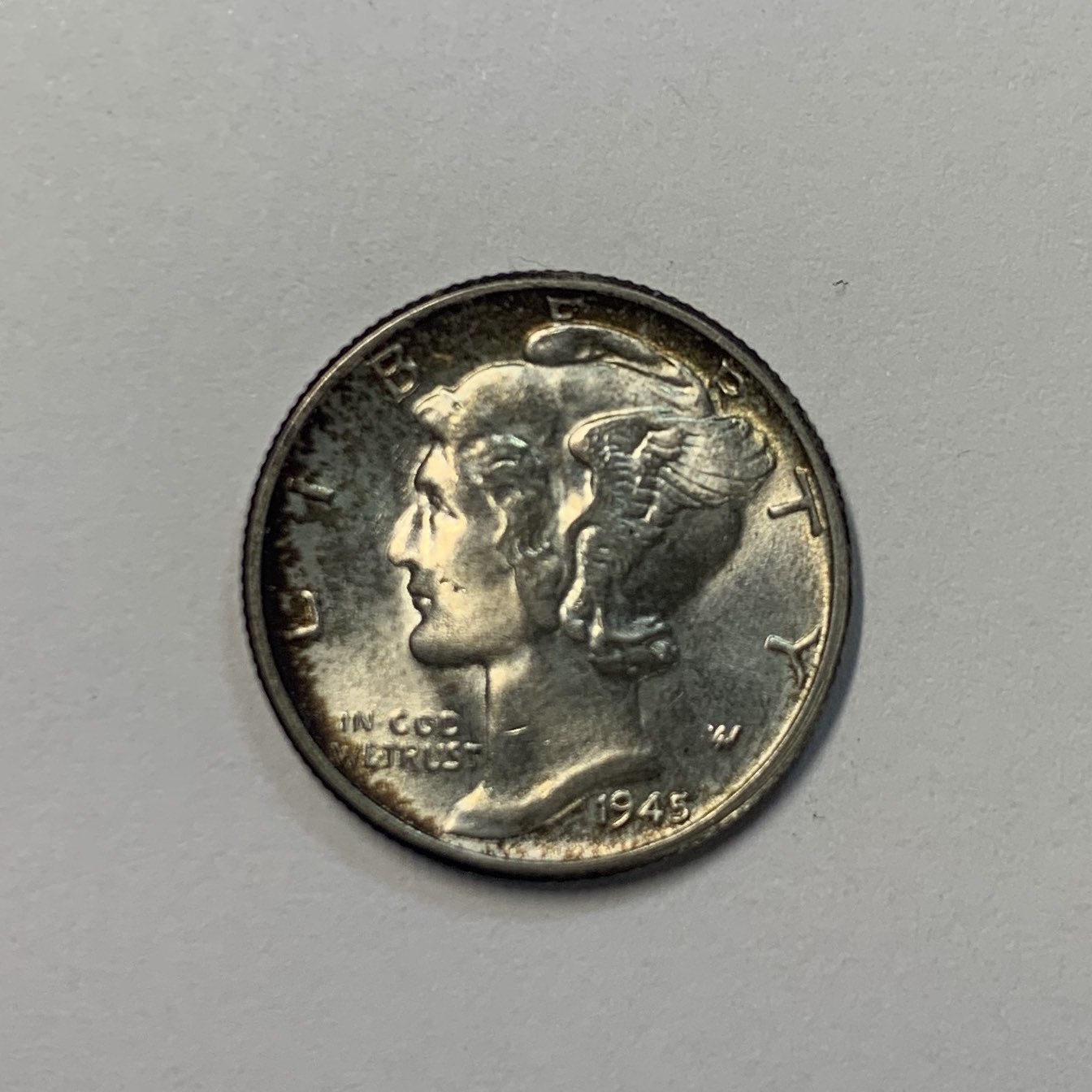1945-Mercury-Dime.-Extreme-Toning-On-Reverse