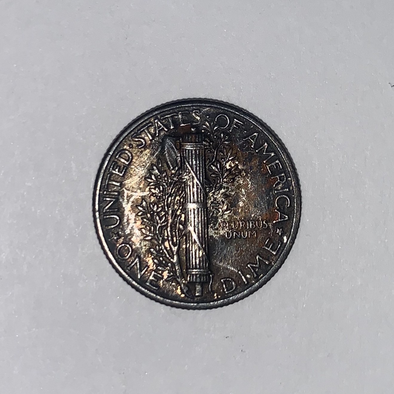 1945-Mercury-Dime.-Extreme-Toning-On-Reverse