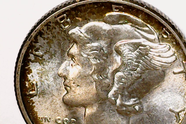 1945-Mercury-Dime.-Extreme-Toning-On-Reverse