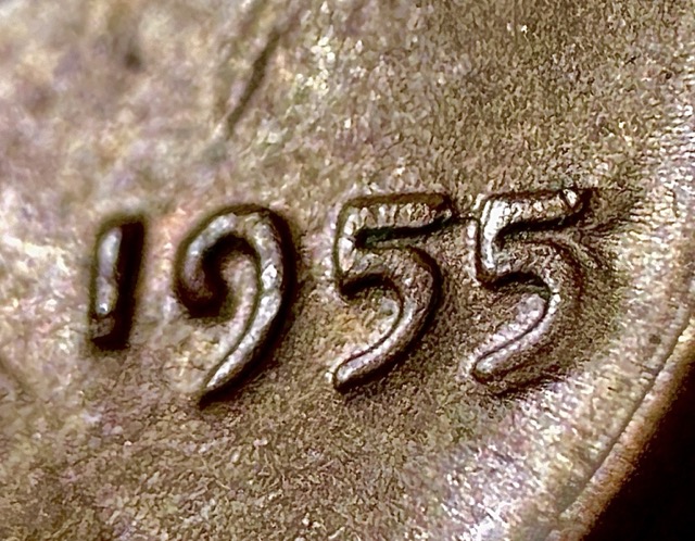1955-Lincoln-Cent--Cracked-Skull,-Die-Crack-
