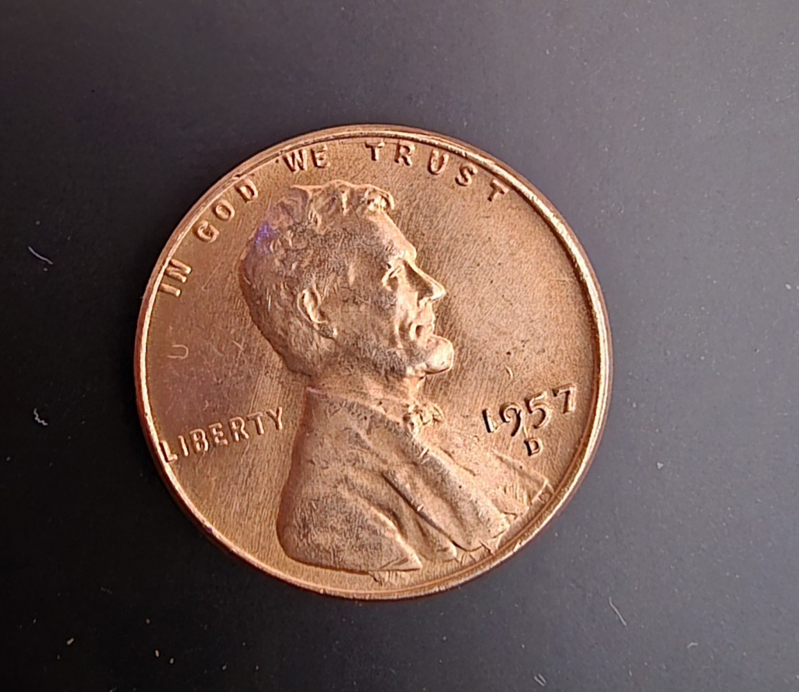 1957-Lincoln-Wheat-Penny-Ob-No-Artist-Initials-VDB,-Feathered-Cud?